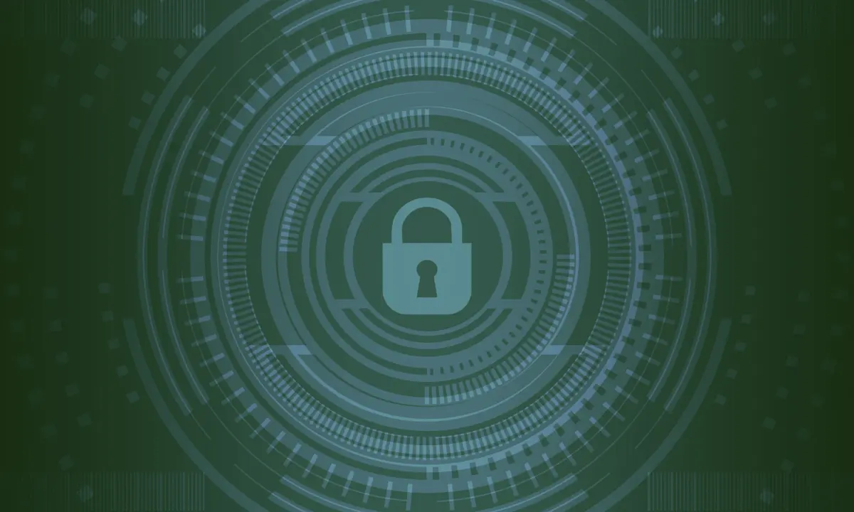 Abstract padlock graphic surrounded by concentric digital rings, representing cybersecurity