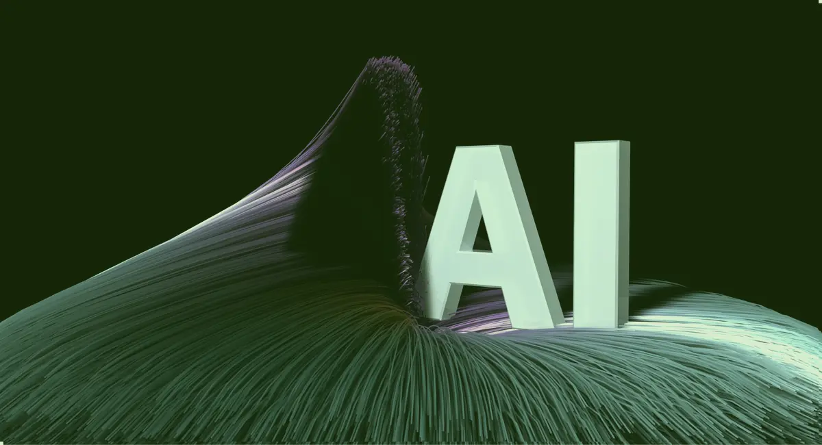 Sculptural letters A and I rising from a field of fibre strands, representing artificial intelligence